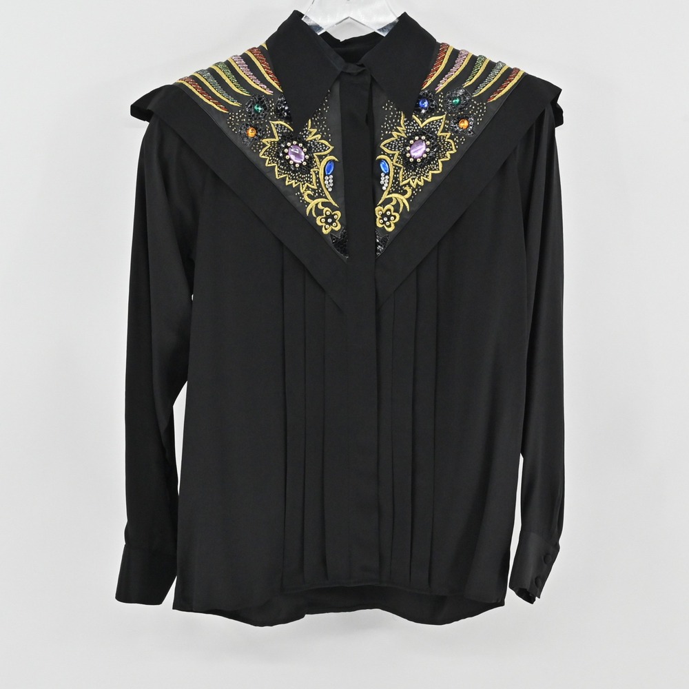 Vtg 80 Silk Embellished Western Top Womens Size 4 Black Snake Skin Leather Shirt